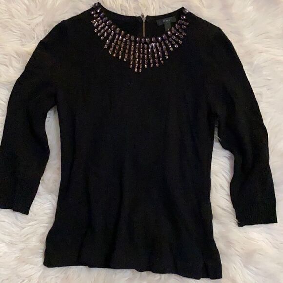 J. Crew | Black Jeweled Starburst Pullover Crew Neck Wool Blend Sweater | S - Picture 5 of 13